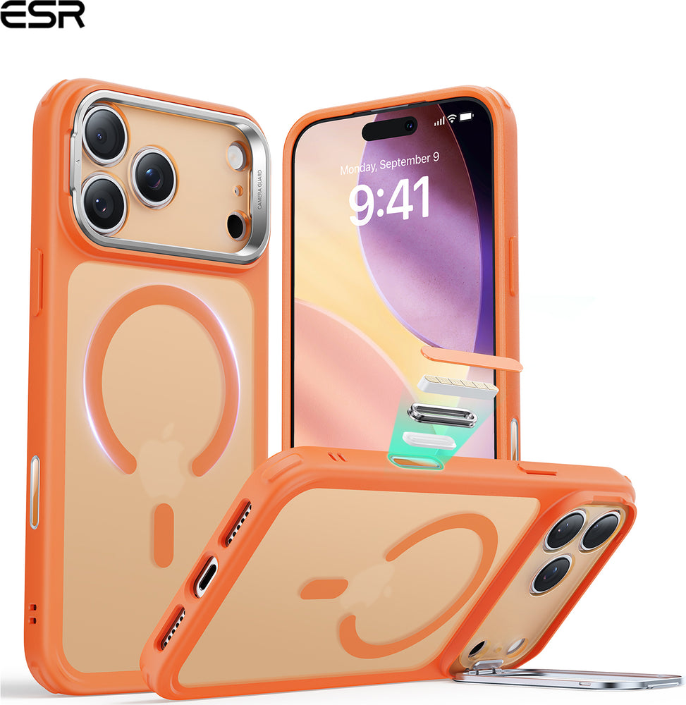 ESR iPhone 17-18 Pro Classic Hybrid Magsafe standlı kılıf, kamera ve kontrol butonları görünümünde, dayanıklı ve şık tasarım.