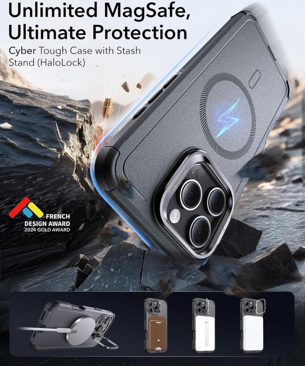 ESR iPhone 16 Pro Max Kılıf Cyber Tough Halolock Magsafe Standlı Silikon - Gri