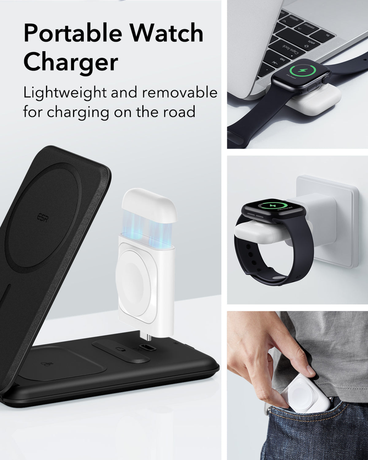 Esr Halolock 3 In 1 Iphone + Airpods + Apple Watch Magsafe Deri Seyahat Şarj Standı Siyah ( Apple Mfm Lisans ) + ( 20W Şarj Adaptör ile Gelir )