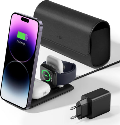 Esr Halolock 3 In 1 Iphone + Airpods + Apple Watch Magsafe Deri Seyahat Şarj Standı Siyah ( Apple Mfm  Lisans ) + ( 20W Şarj Adaptör ile Gelir )