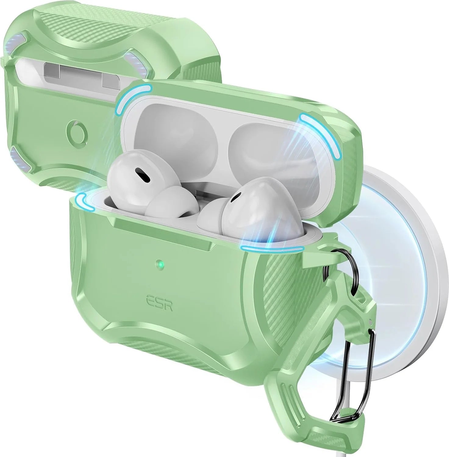 ESR AirPods Pro ve Pro 2 kılıfı, Cyber Armor Tough HaloLock MagSafe yeşil renkli, Bluetooth kulaklık aksesuarı.