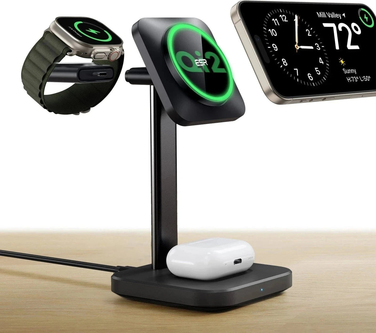 ESR Halolock Qi2 3 In 1 Iphone + Airpods + Apple Watch Magsafe Şarj Standı Siyah ( Apple Mfm  Lisans ) + ( 20W Şarj Adaptör ile Gelir )