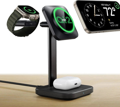 ESR Halolock Qi2 3 In 1 Iphone + Airpods + Apple Watch Magsafe Şarj Standı Siyah ( Apple Mfm  Lisans ) + ( 20W Şarj Adaptör ile Gelir )