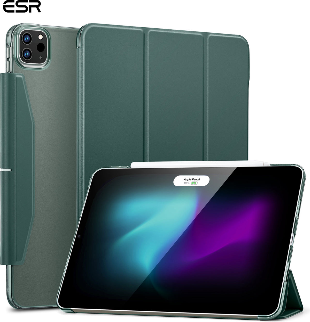 ESR iPad Pro 12.9 inç M2-M1 uyumlu Ascend kılıf, tablet koruyucu, sağlam ve şık tasarım, ön ve arka görünüm.