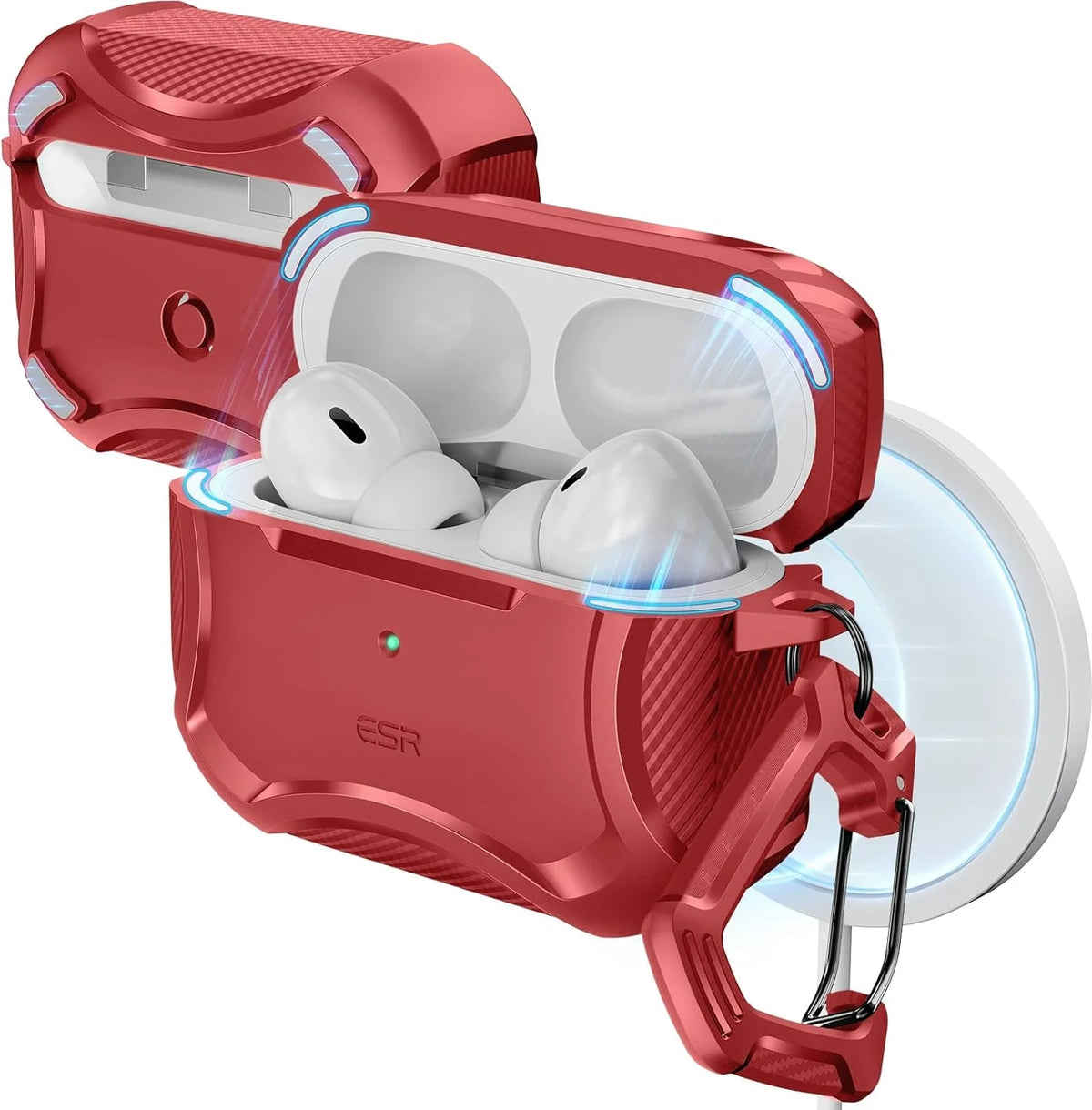 ESR AirPods Pro ve Pro 2 kırmızı Cyber Armor Tough HaloLock MagSafe Bluetooth kulaklık kılıfı, dayanıklı ve şık tasarım