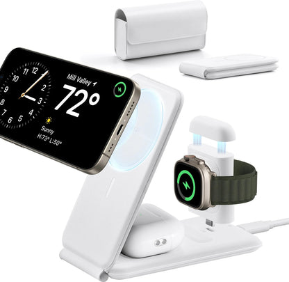 ESR Seyahat Şarj Standı Halolock 3 In 1 iPhone + Airpods + Apple Watch Magsafe Deri - Beyaz ( Apple Mfm  Lisans ) + ( 20W Şarj Adaptör ile Gelir )