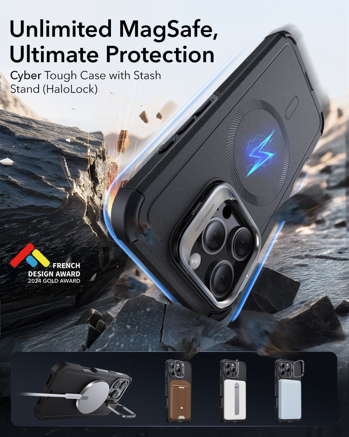 ESR Apple iPhone 16 Pro Kılıf Cyber Tough Halolock Magsafe Stantlı Silikon - Gri