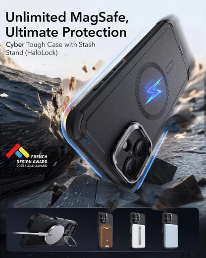 ESR iPhone 16 Kılıf Cyber Tough HaloLock MagSafe Standlı Silikon - Siyah