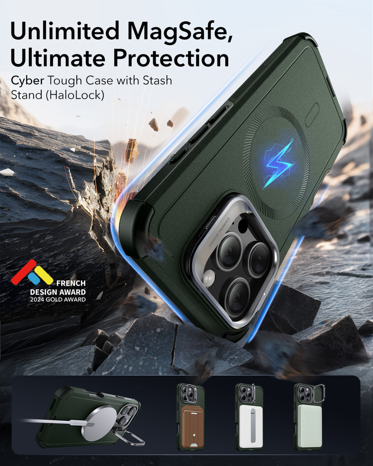Esr iPhone 16 Pro Max Cyber Tough Halolock Magsafe Stantlı Silikon Kılıf Green