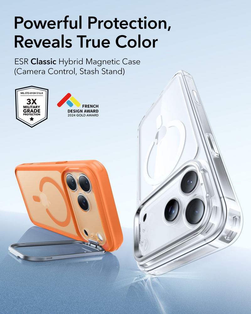 ESR iPhone 17-18 Pro Classic Hybrid Magsafe standlı kılıf, kamera ve kontrol butonlarıyla koruma sağlayan şeffaf tasarım