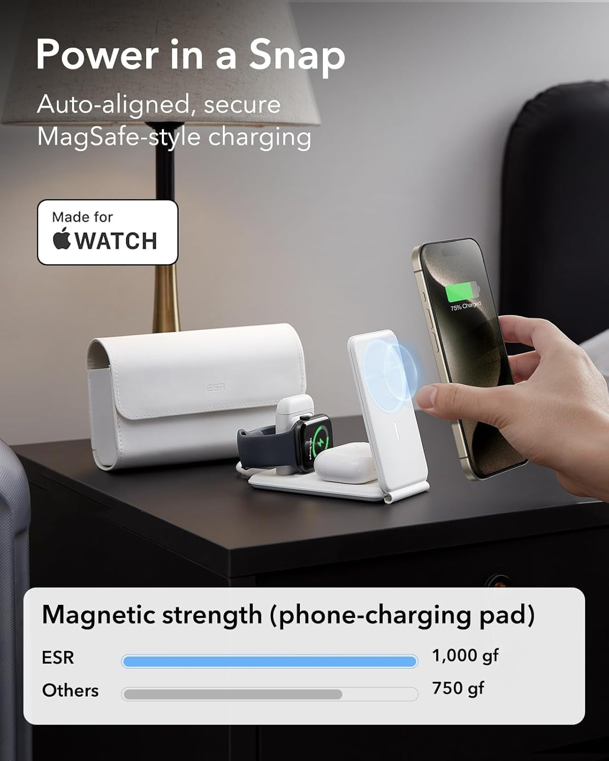 ESR Seyahat Şarj Standı Halolock 3 In 1 iPhone + Airpods + Apple Watch Magsafe Deri - Beyaz ( Apple Mfm  Lisans ) + ( 20W Şarj Adaptör ile Gelir )