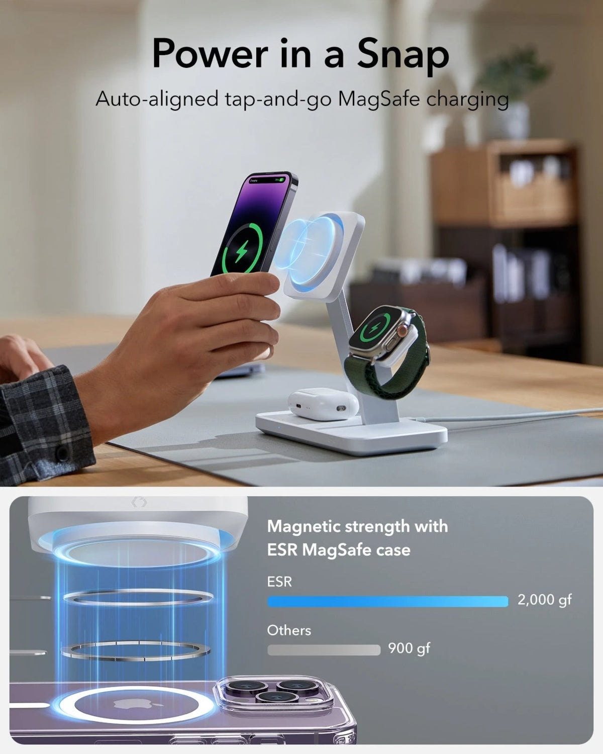 ESR 25W 3 In 1 Şarj Standı Magsafe Soğutuculu Halolock iPhone + Airpods + Apple Watch - Beyaz