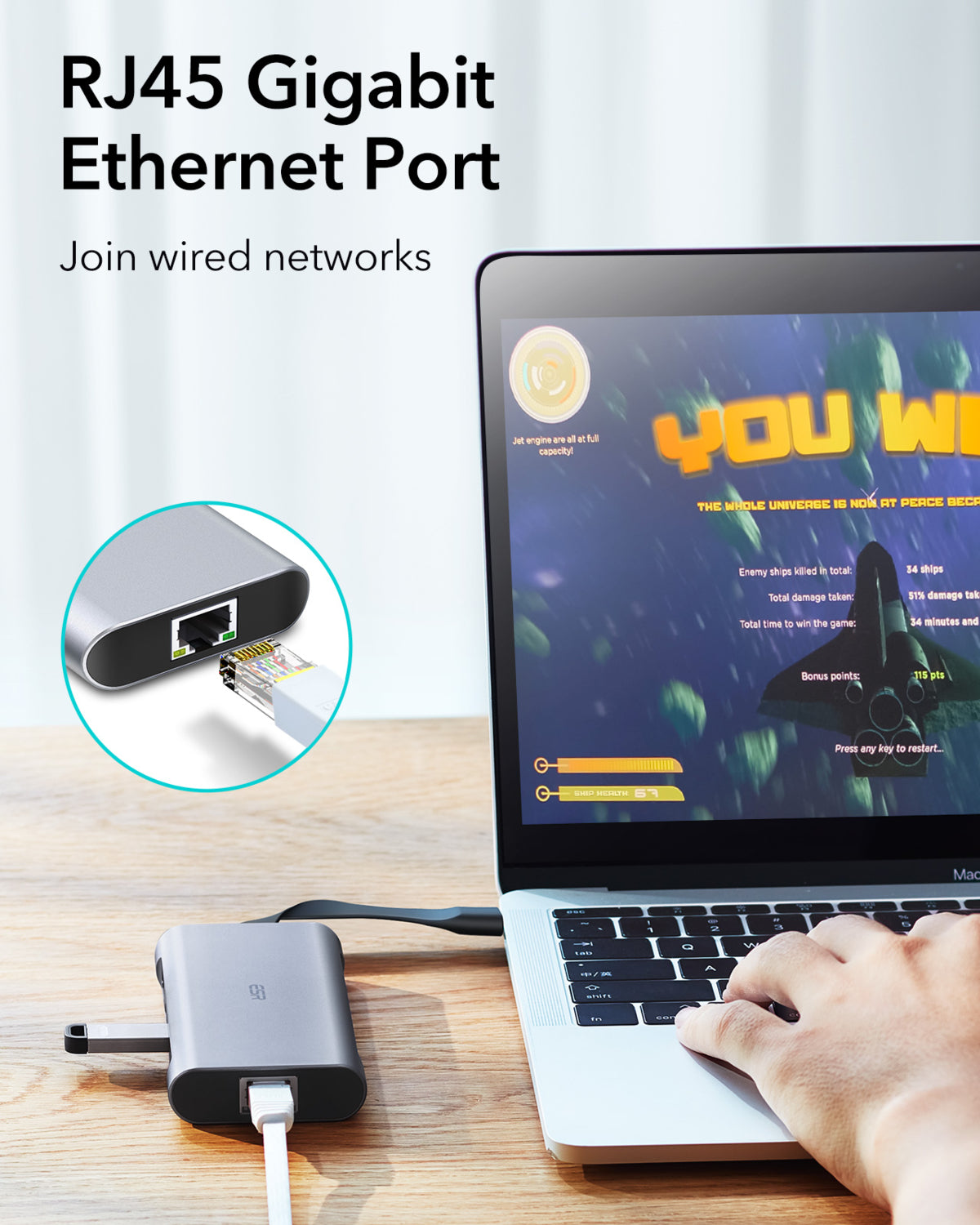 ESR 8-in-1 USB-C Hub: 4K HDMI, Gigabit Ethernet (RJ45), 100W PD Şarj ve Yüksek Hızlı Veri Aktarımı
