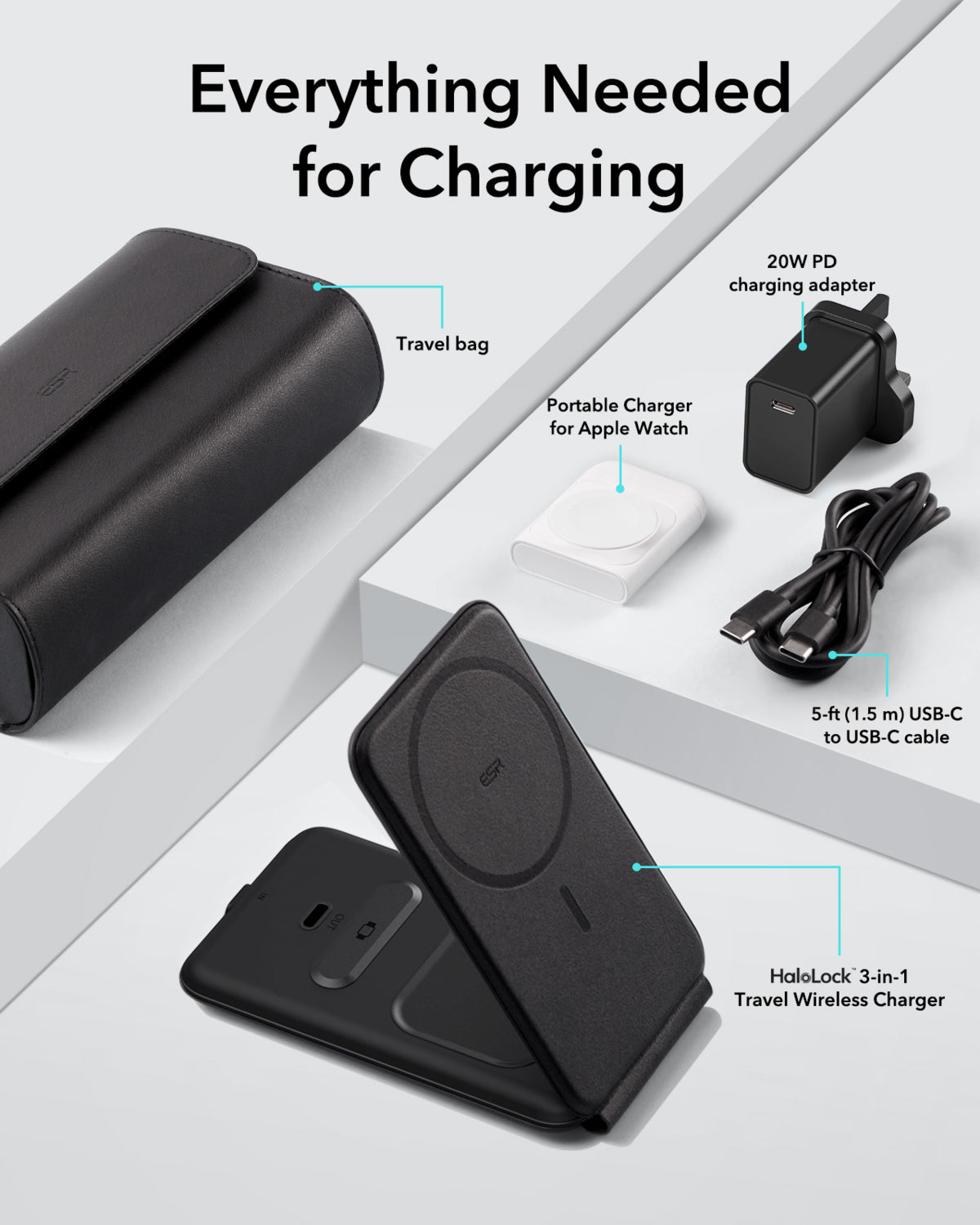 Esr Halolock 3 In 1 Iphone + Airpods + Apple Watch Magsafe Deri Seyahat Şarj Standı Siyah ( Apple Mfm  Lisans ) + ( 20W Şarj Adaptör ile Gelir )
