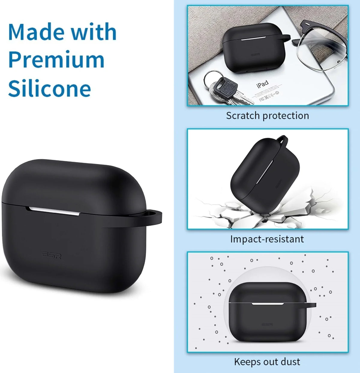 ESR AirPods Pro 2 kılıfı, siyah bounce tasarımıyla Bluetooth kulaklık aksesuarı, şık ve koruyucu.