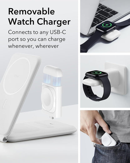 ESR Seyahat Şarj Standı Halolock 3 In 1 iPhone + Airpods + Apple Watch Magsafe Deri - Beyaz ( Apple Mfm  Lisans ) + ( 20W Şarj Adaptör ile Gelir )