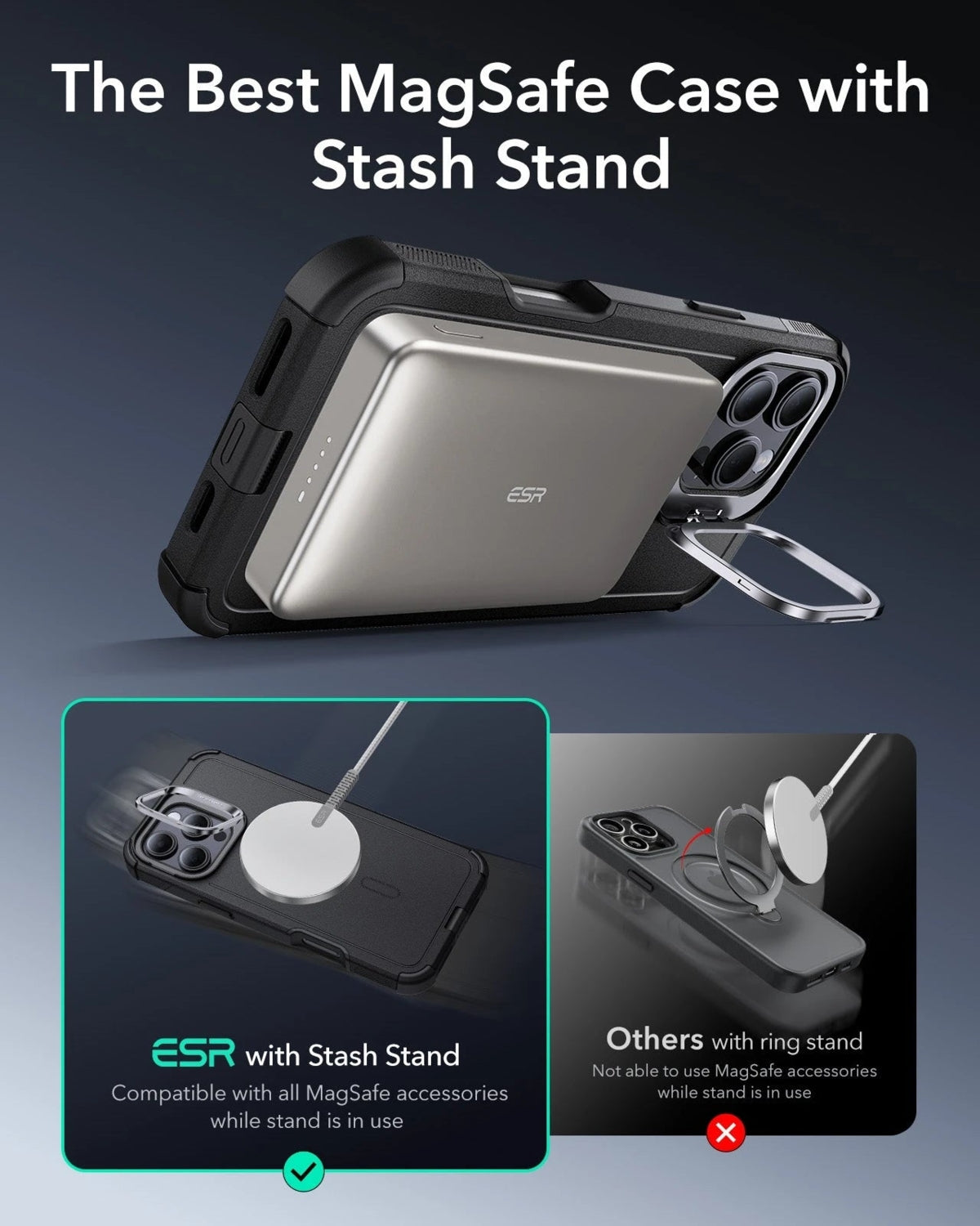 ESR Apple iPhone 16 Pro Kılıf Cyber Tough Halolock Magsafe Stantlı Silikon - Gri