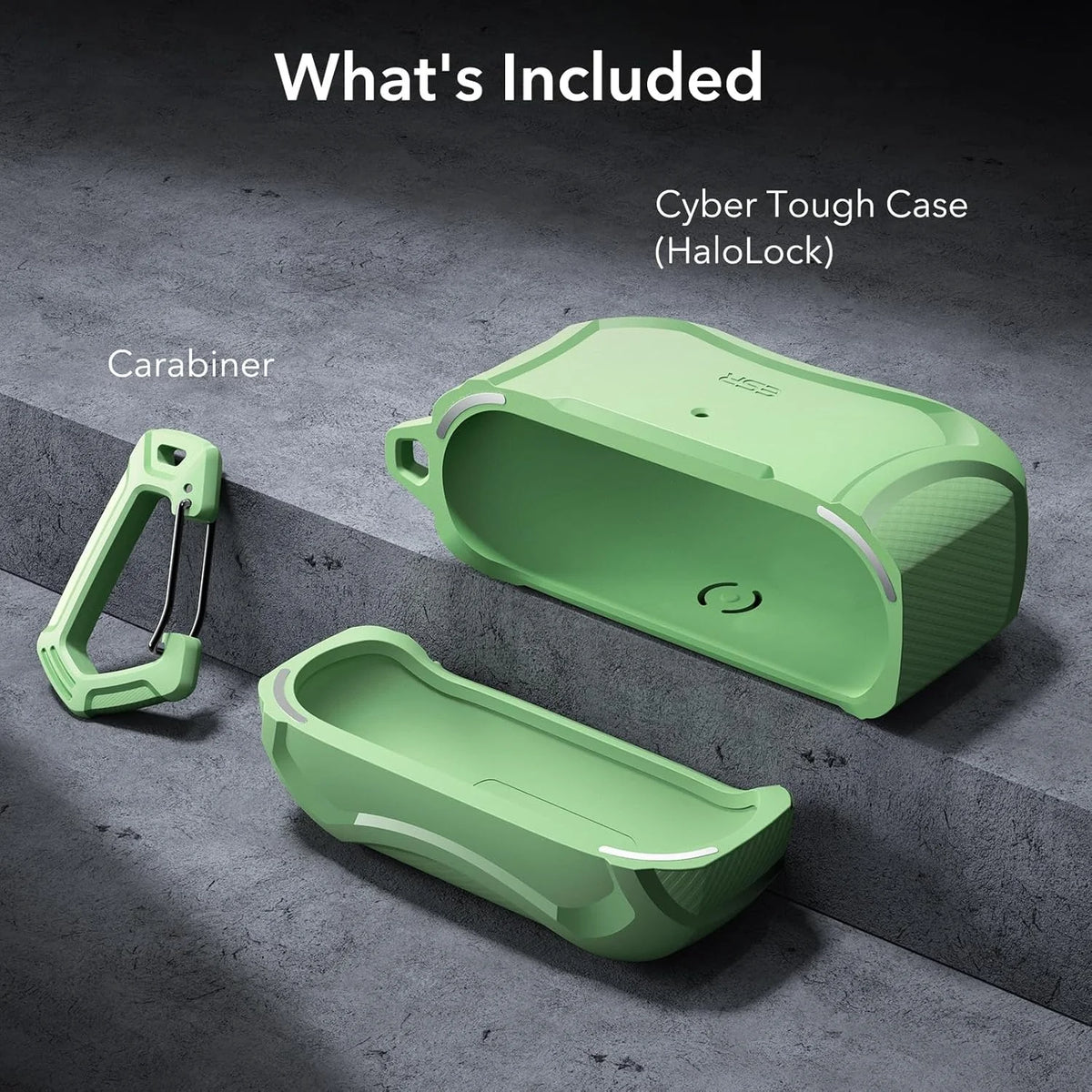 ESR AirPods Pro ve Pro 2 kılıfı, Cyber Armor Tough tasarım, HaloLock MagSafe uyumlu, yeşil renkli Bluetooth kulaklık aksesuarı
