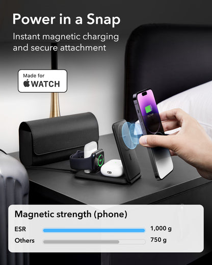 Esr Halolock 3 In 1 Iphone + Airpods + Apple Watch Magsafe Deri Seyahat Şarj Standı Siyah ( Apple Mfm  Lisans ) + ( 20W Şarj Adaptör ile Gelir )