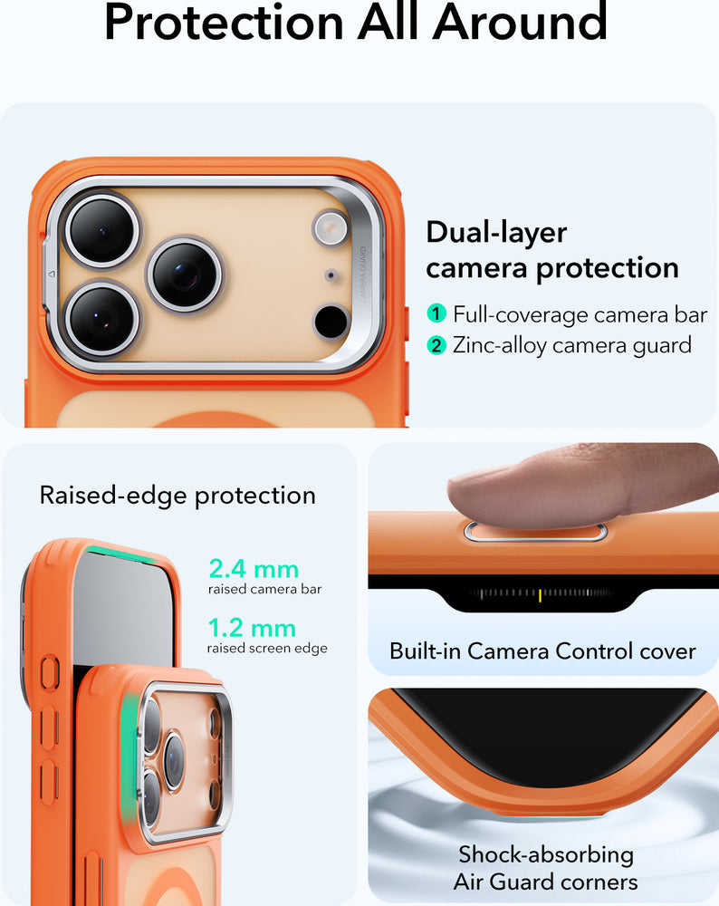 ESR iPhone 17-18 Pro Classic Hybrid Magsafe standlı kılıf, kamera ve kontrol butonları görünür, dayanıklı ve şık tasarım.