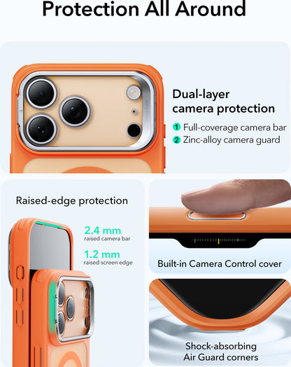 ESR iPhone 17-18 Pro Classic Hybrid Magsafe standlı kılıf, kamera ve kontrol butonları görünür, dayanıklı ve şık tasarım.