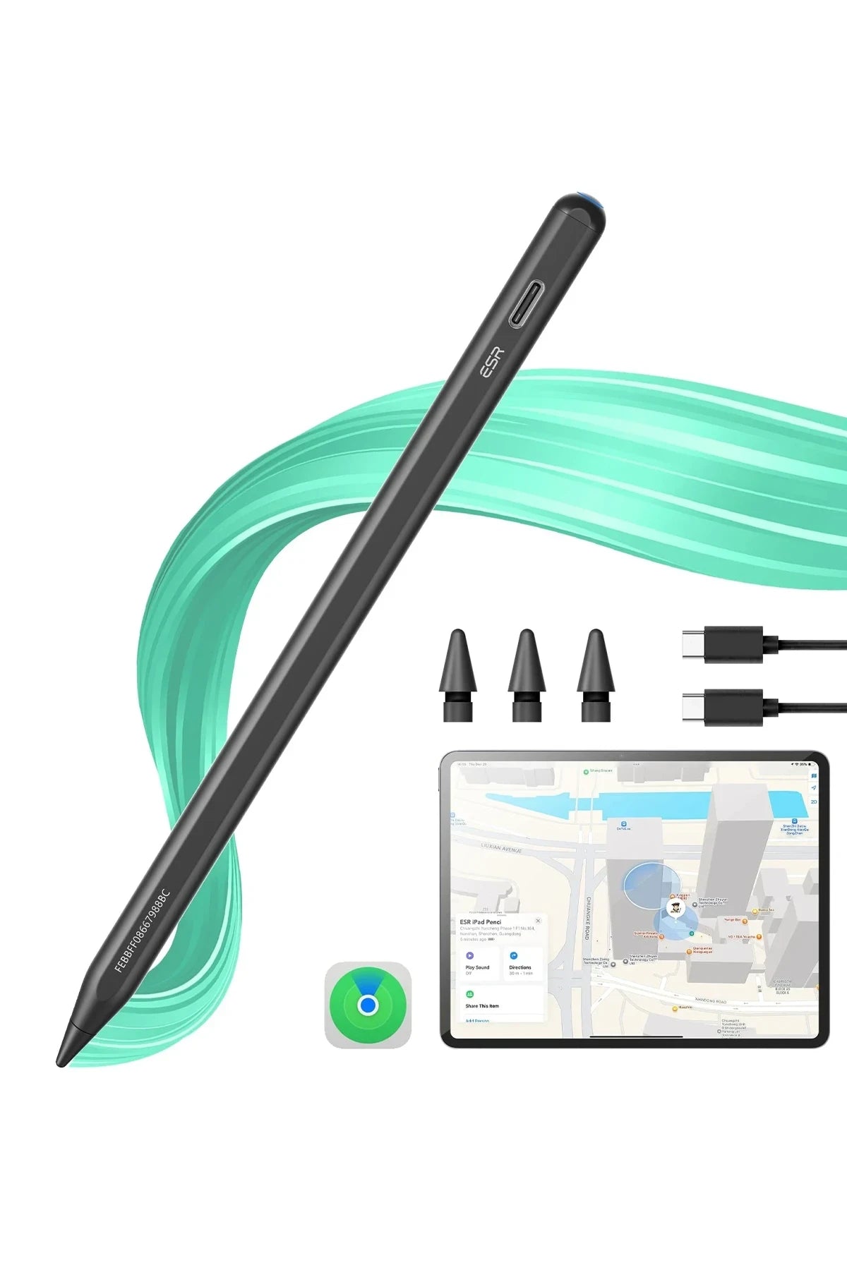 ESR Geo iPad için Apple Find My Özellikli Dijital Dokunmatik Kalem - Siyah