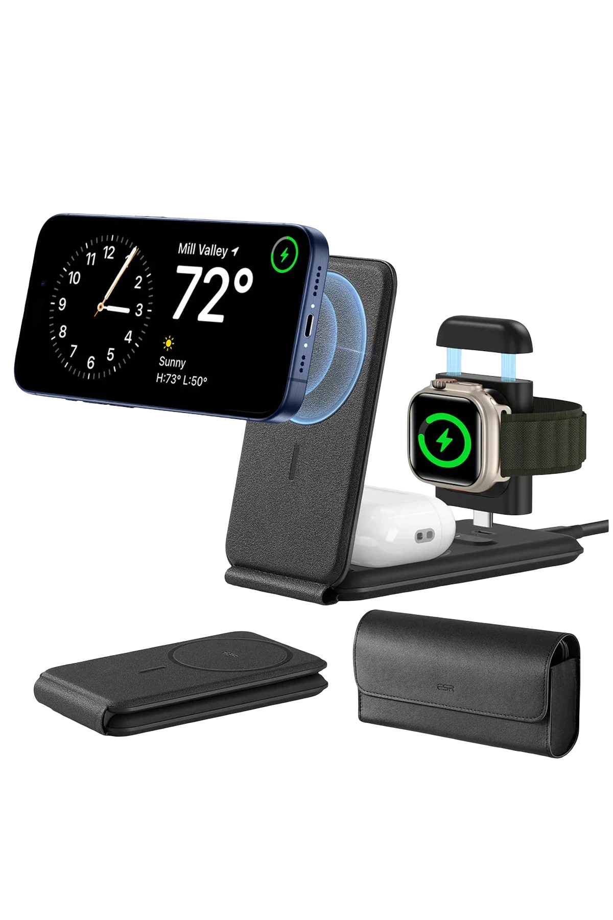 ESR HaloLock 3in1 20W PD Type-C Çıkışlı ve Saat ile Airpods İçin Kablosuz Şarj Destekli Şarj Seti - Siyah