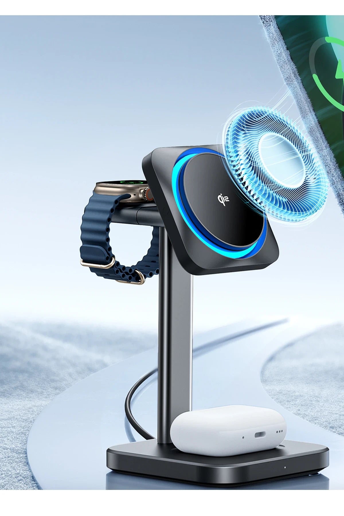 ESR Qi2 CryoBoost 3in1 Telefon, Saat ve Airpods İçin Magsafe Destekli Masaüstü Şarj Seti - Siyah