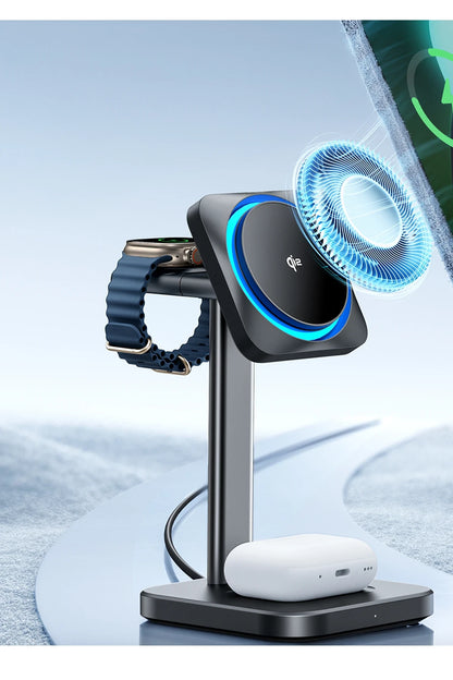 ESR Qi2 CryoBoost 3in1 Telefon, Saat ve Airpods İçin Magsafe Destekli Masaüstü Şarj Seti - Siyah