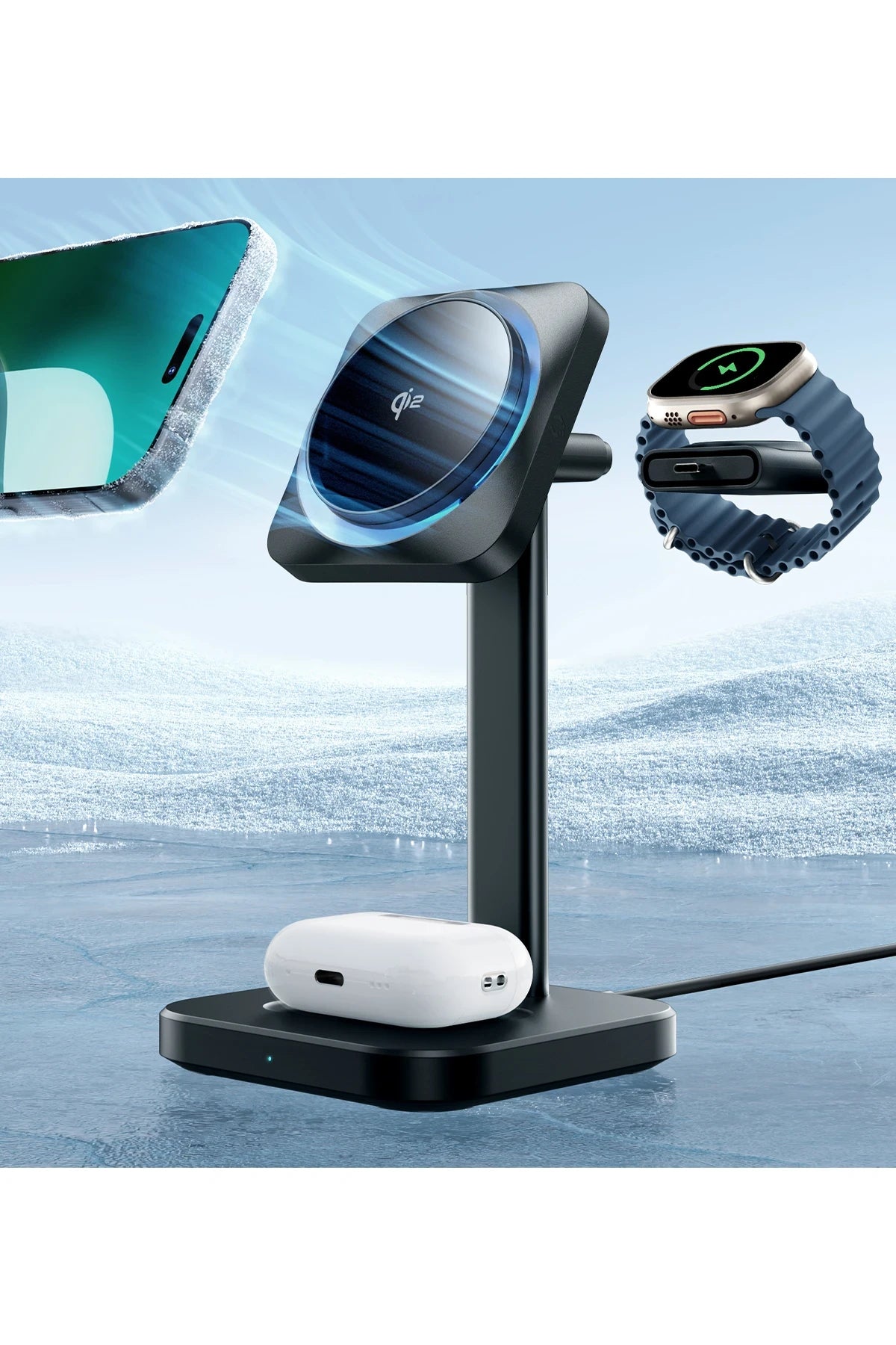 ESR Qi2 CryoBoost 3in1 Telefon, Saat ve Airpods İçin Magsafe Destekli Masaüstü Şarj Seti - Siyah