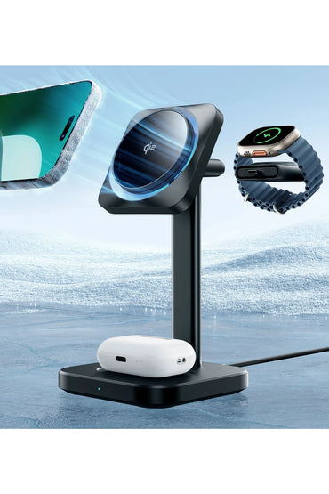 ESR Qi2 CryoBoost 3in1 Telefon, Saat ve Airpods İçin Magsafe Destekli Masaüstü Şarj Seti - Siyah