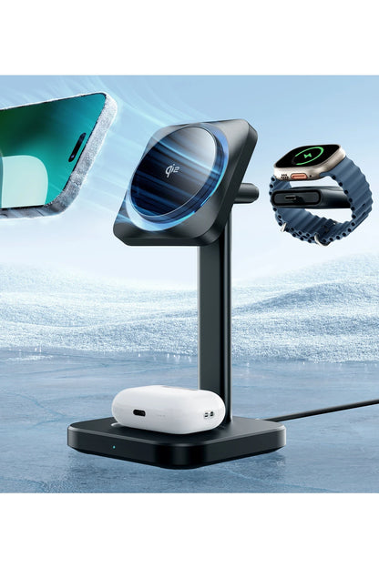 ESR Qi2 CryoBoost 3in1 Telefon, Saat ve Airpods İçin Magsafe Destekli Masaüstü Şarj Seti - Siyah