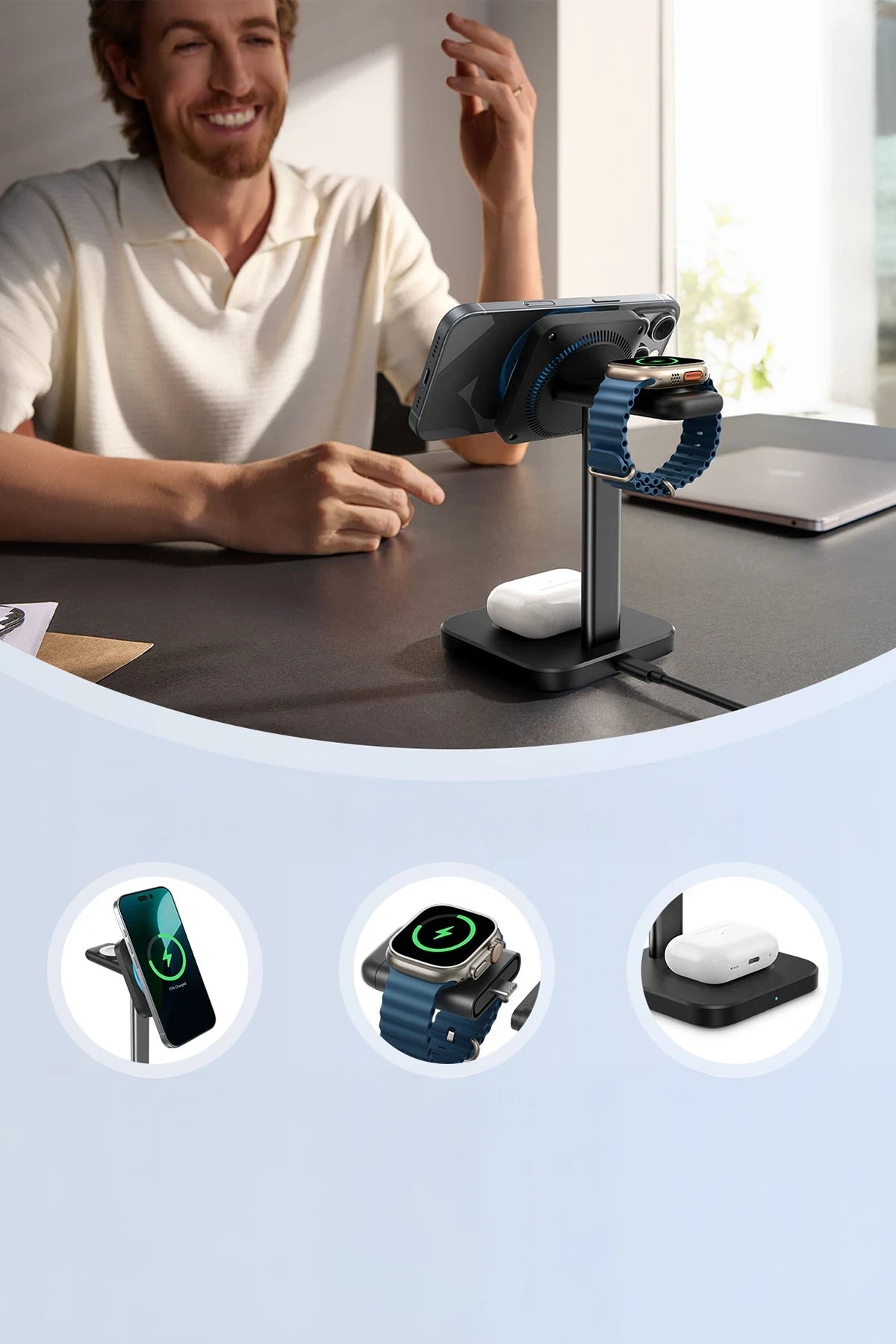 ESR Qi2 CryoBoost 3in1 Telefon, Saat ve Airpods İçin Magsafe Destekli Masaüstü Şarj Seti - Siyah